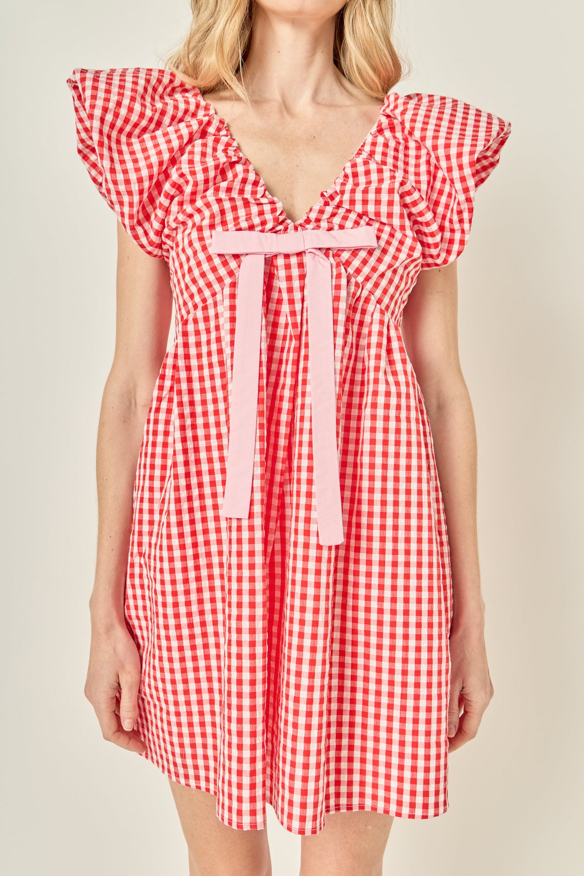 LA'VEN - Gingham Blouson Shoulder Mini Dress - DRESSES available at Objectrare