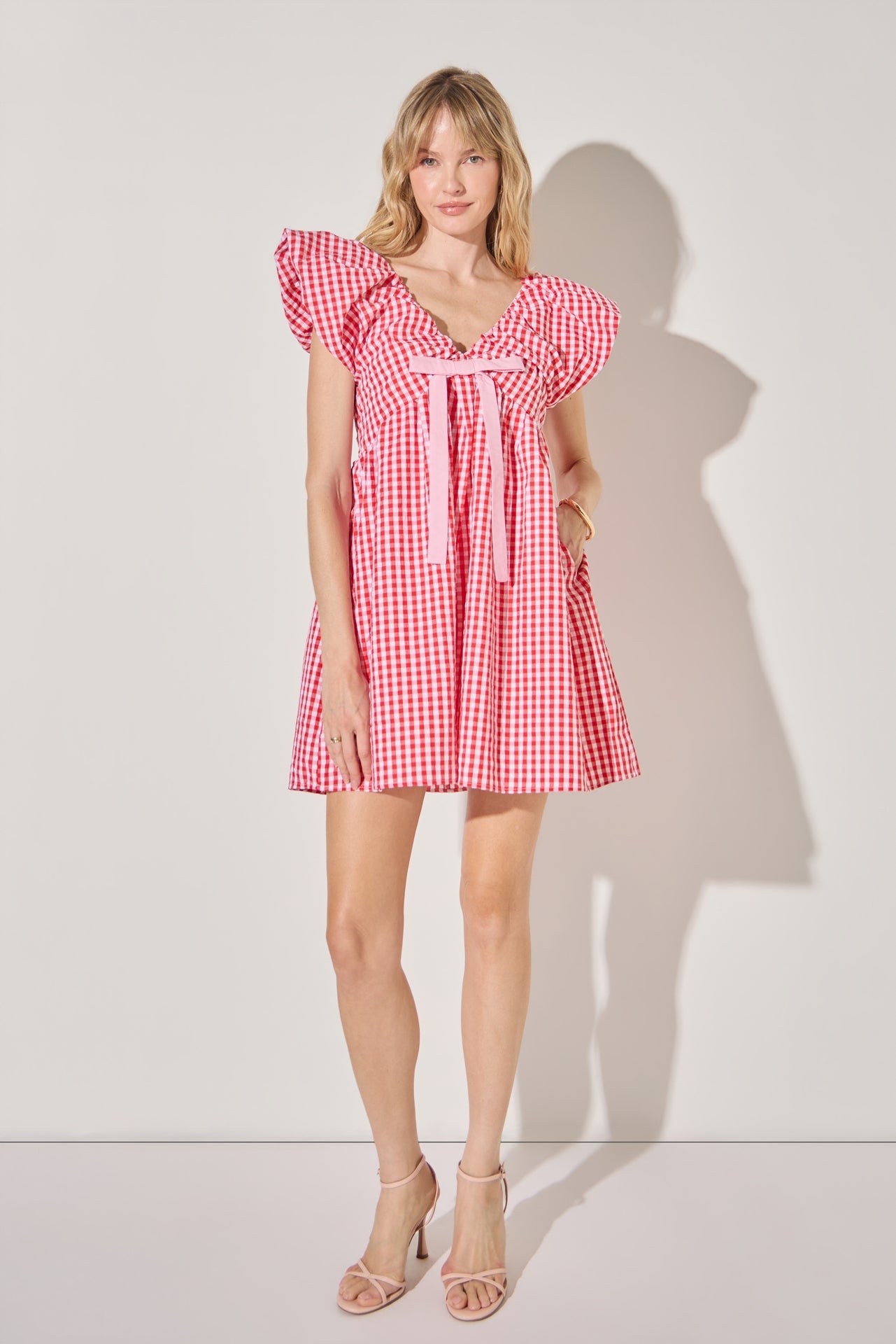 LA'VEN - Gingham Blouson Shoulder Mini Dress - DRESSES available at Objectrare