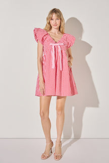 LA'VEN - Gingham Blouson Shoulder Mini Dress - DRESSES available at Objectrare