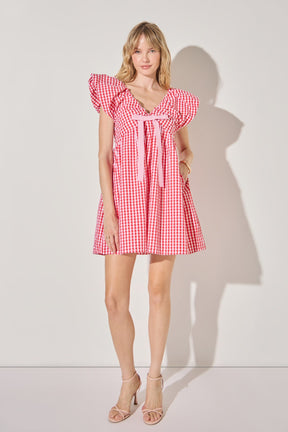 LA'VEN - Gingham Blouson Shoulder Mini Dress - DRESSES available at Objectrare