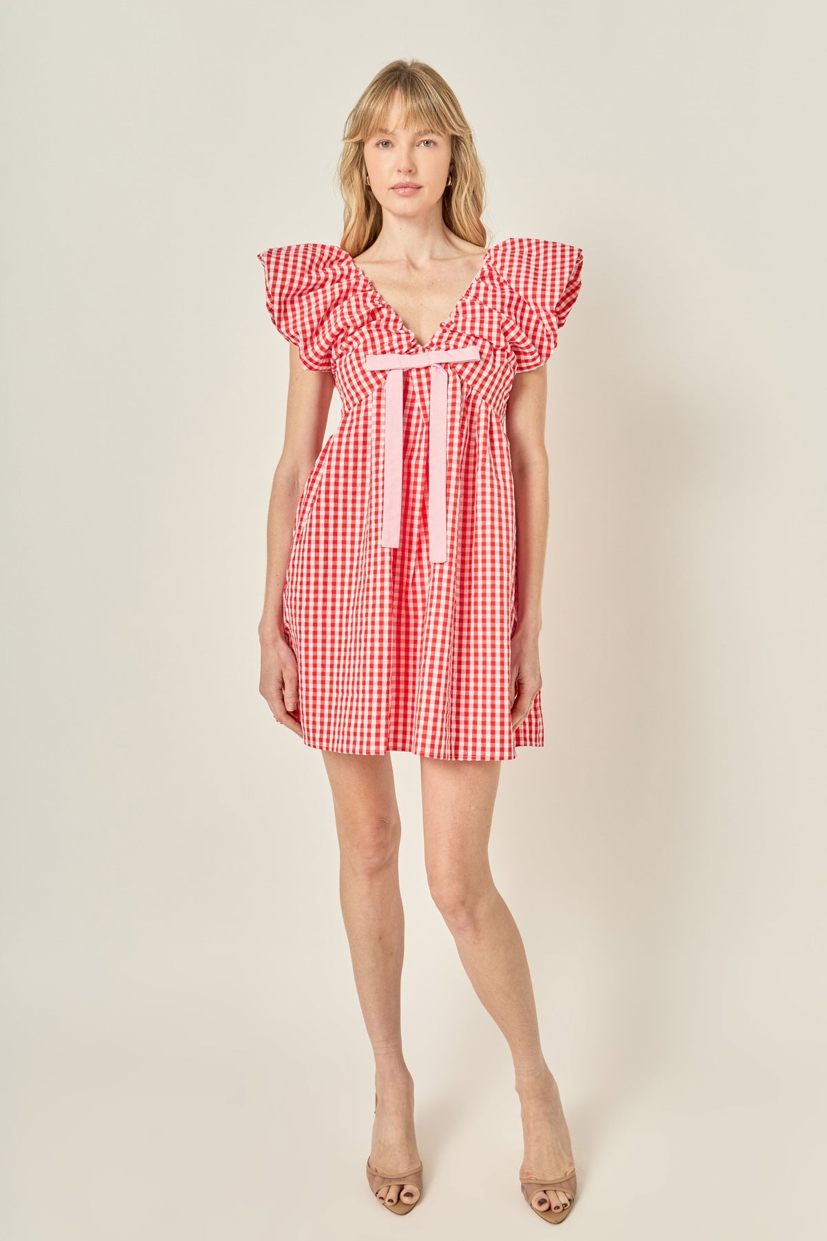LA'VEN - Gingham Blouson Shoulder Mini Dress - DRESSES available at Objectrare
