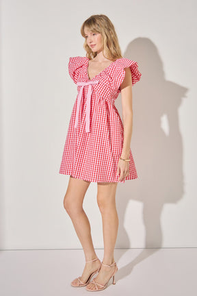 LA'VEN - Gingham Blouson Shoulder Mini Dress - DRESSES available at Objectrare