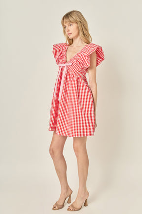 Gingham Blouson Shoulder Mini Dress