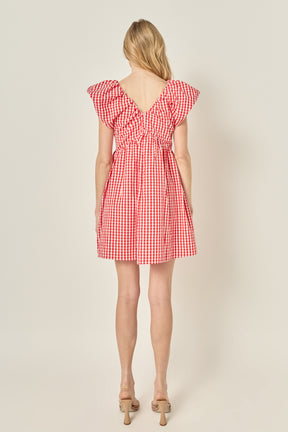 Gingham Blouson Shoulder Mini Dress