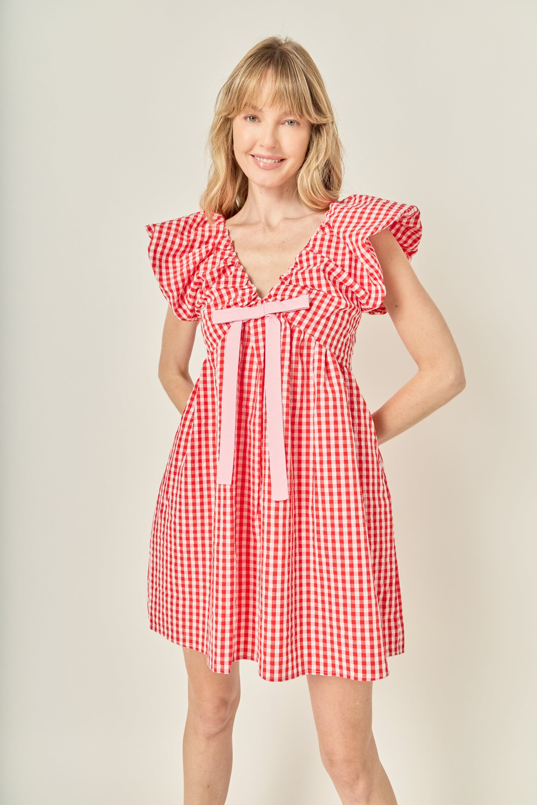 Gingham Blouson Shoulder Mini Dress