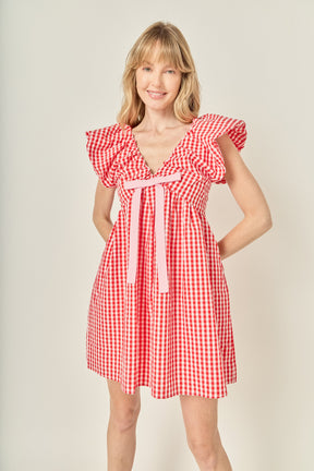 Gingham Blouson Shoulder Mini Dress