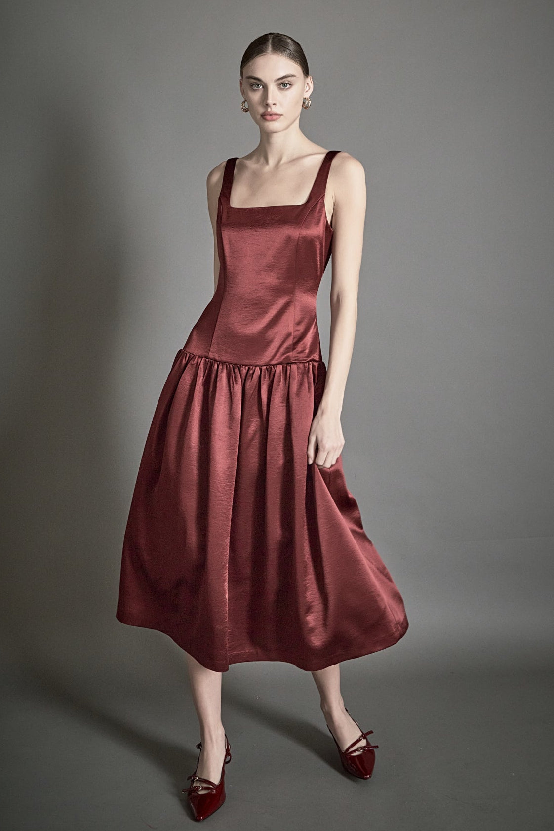 ENDLESS ROSE - Satin Velvet Drop Waist Midi Dress - DRESSES available at Objectrare
