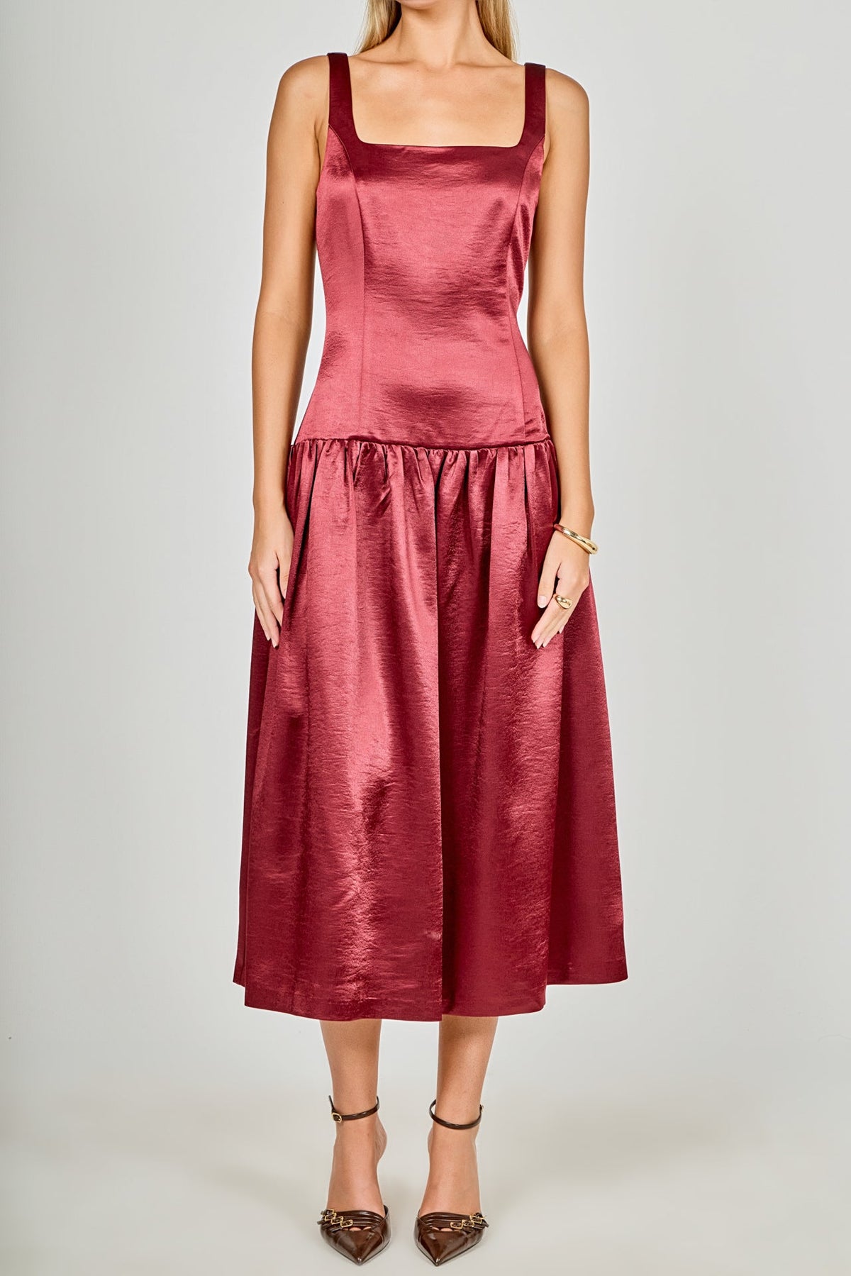 Satin Velvet Drop Waist Midi Dress