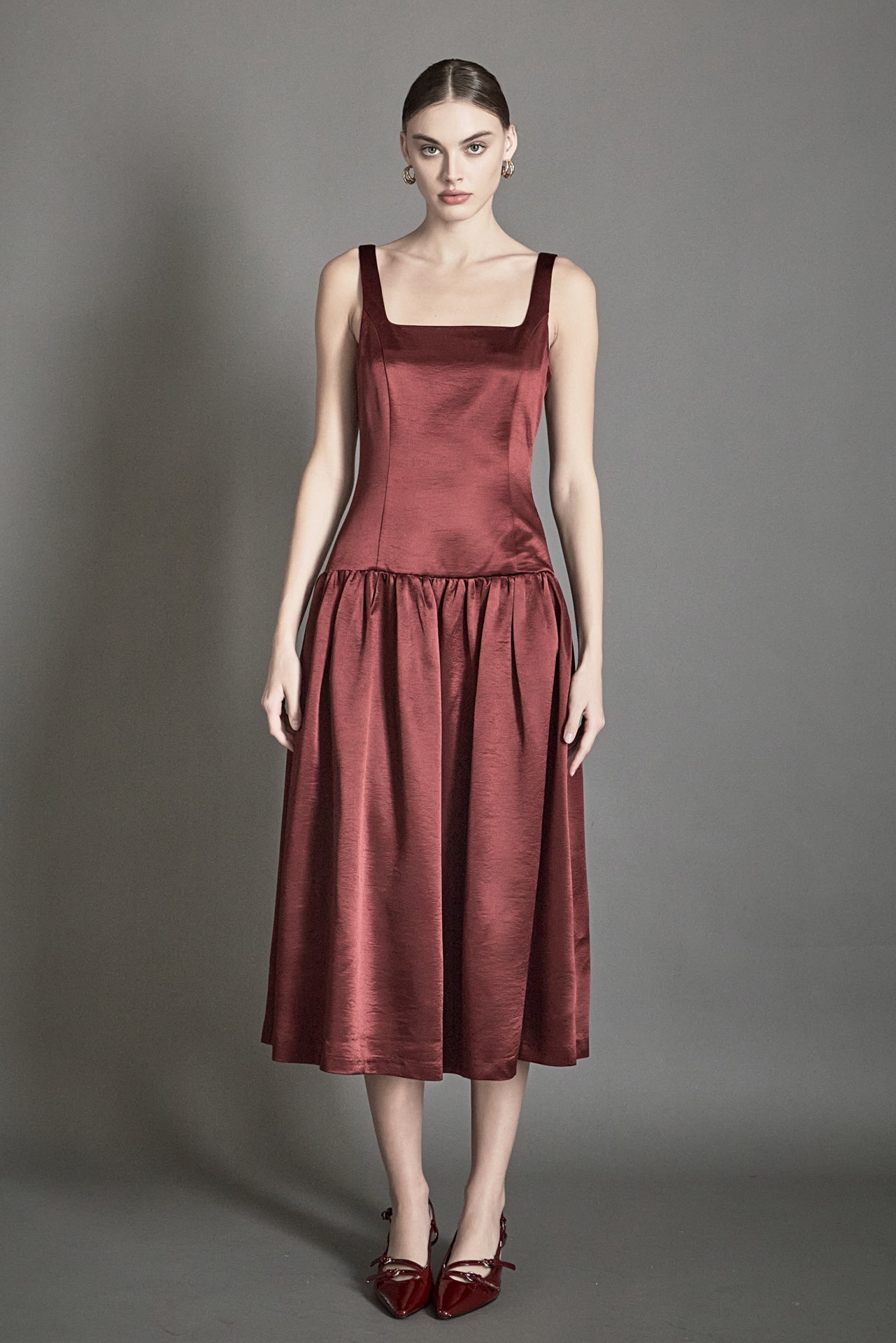 ENDLESS ROSE - Satin Velvet Drop Waist Midi Dress - DRESSES available at Objectrare