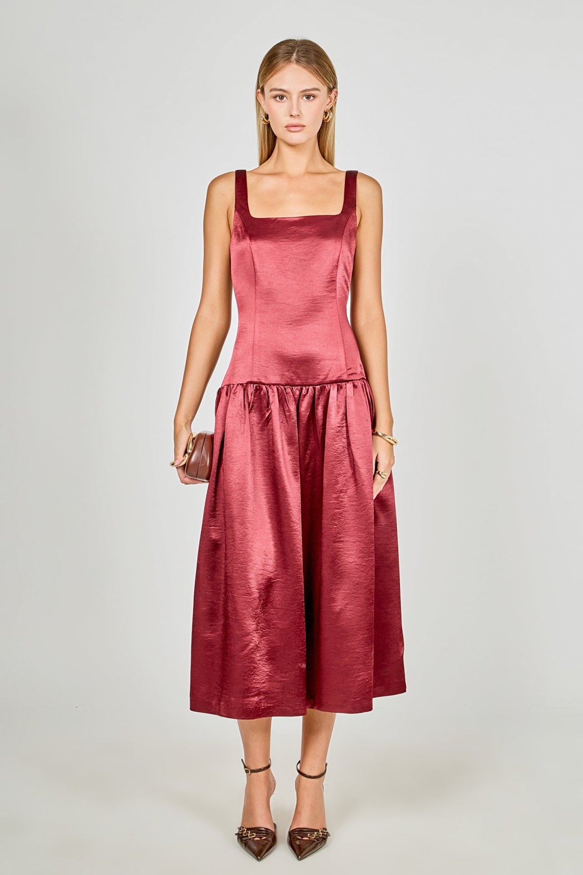 Satin Velvet Drop Waist Midi Dress