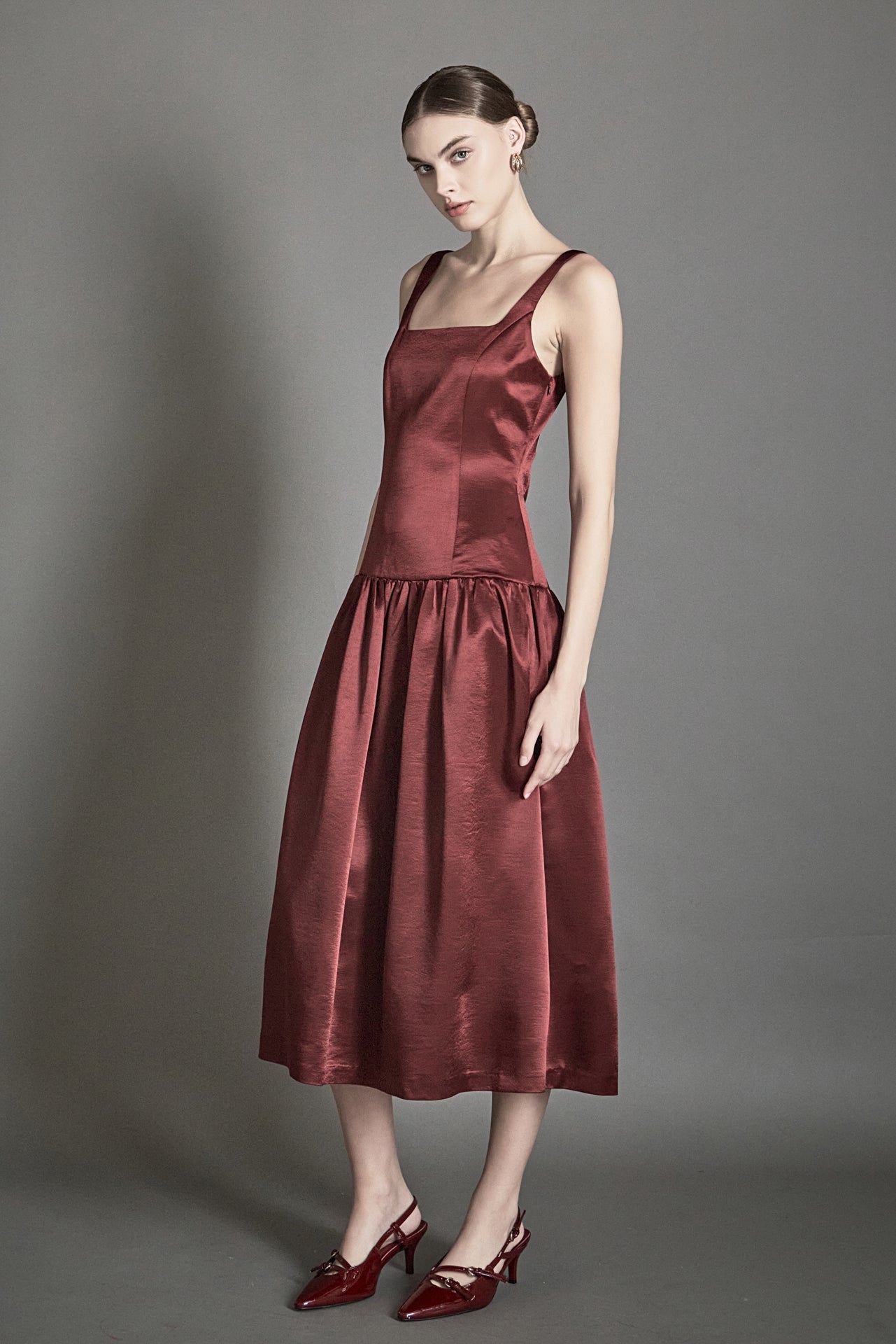 ENDLESS ROSE - Satin Velvet Drop Waist Midi Dress - DRESSES available at Objectrare