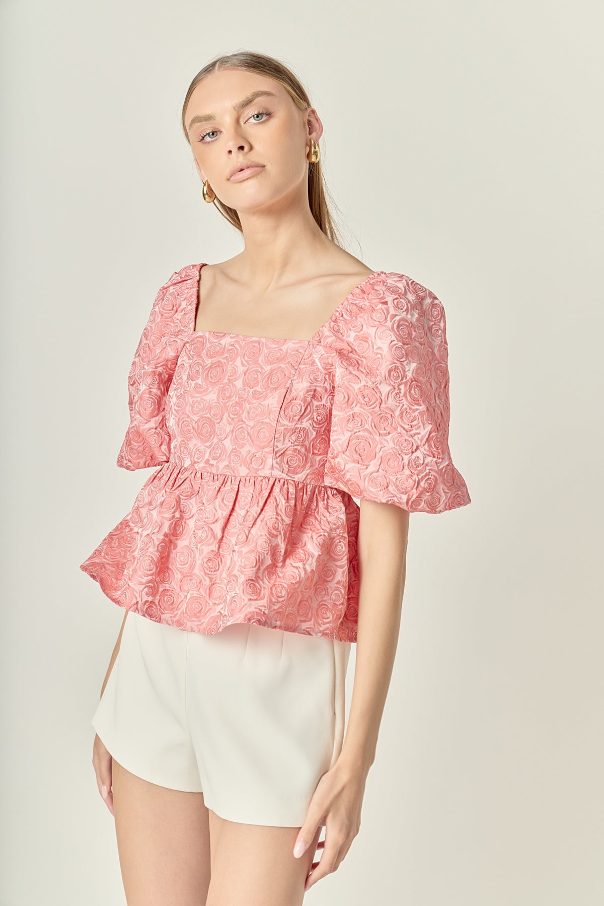 LA'VEN - Jacquard Puff Sleeve Open Back Top - TOPS available at Objectrare