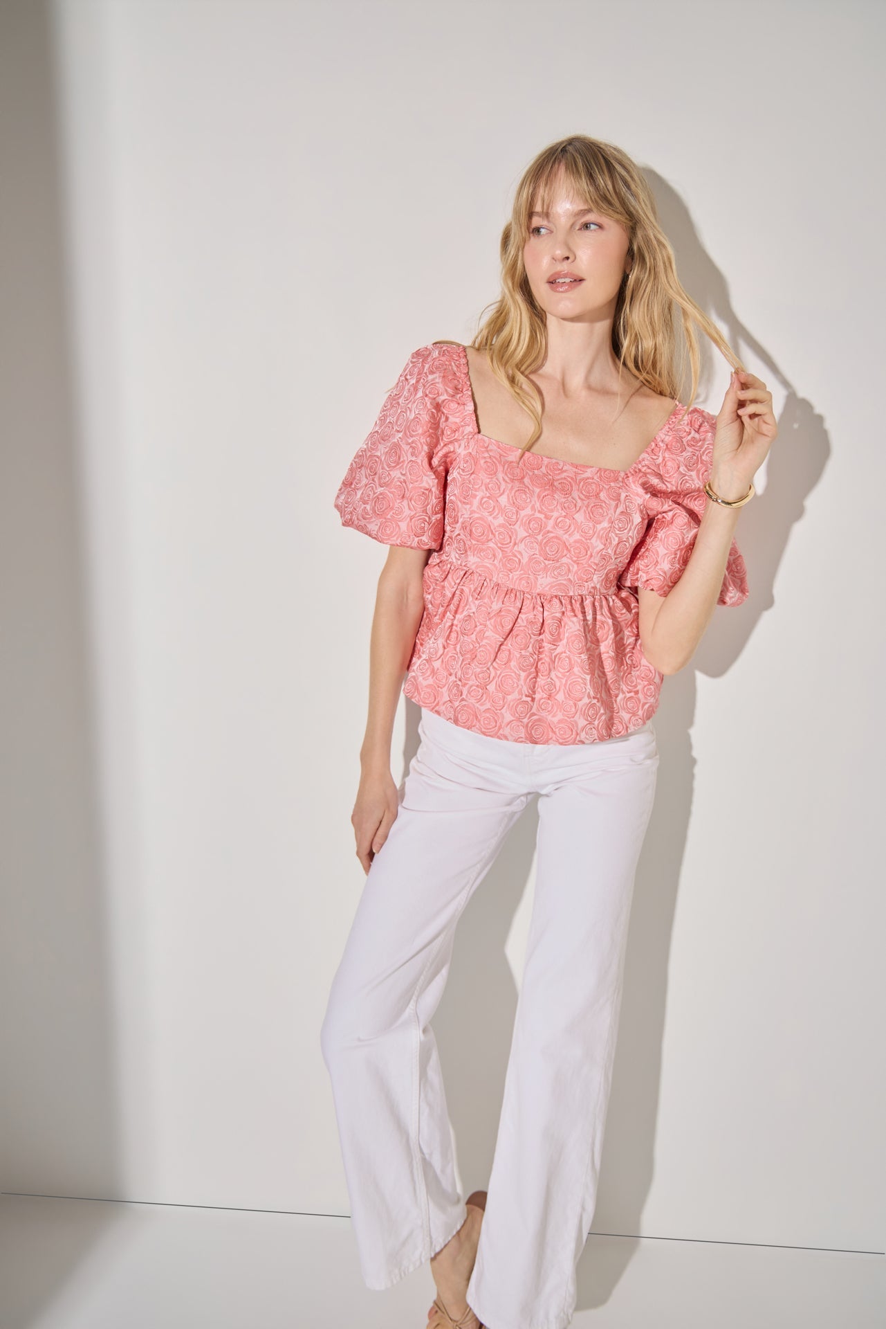 LA'VEN - Jacquard Puff Sleeve Open Back Top - TOPS available at Objectrare