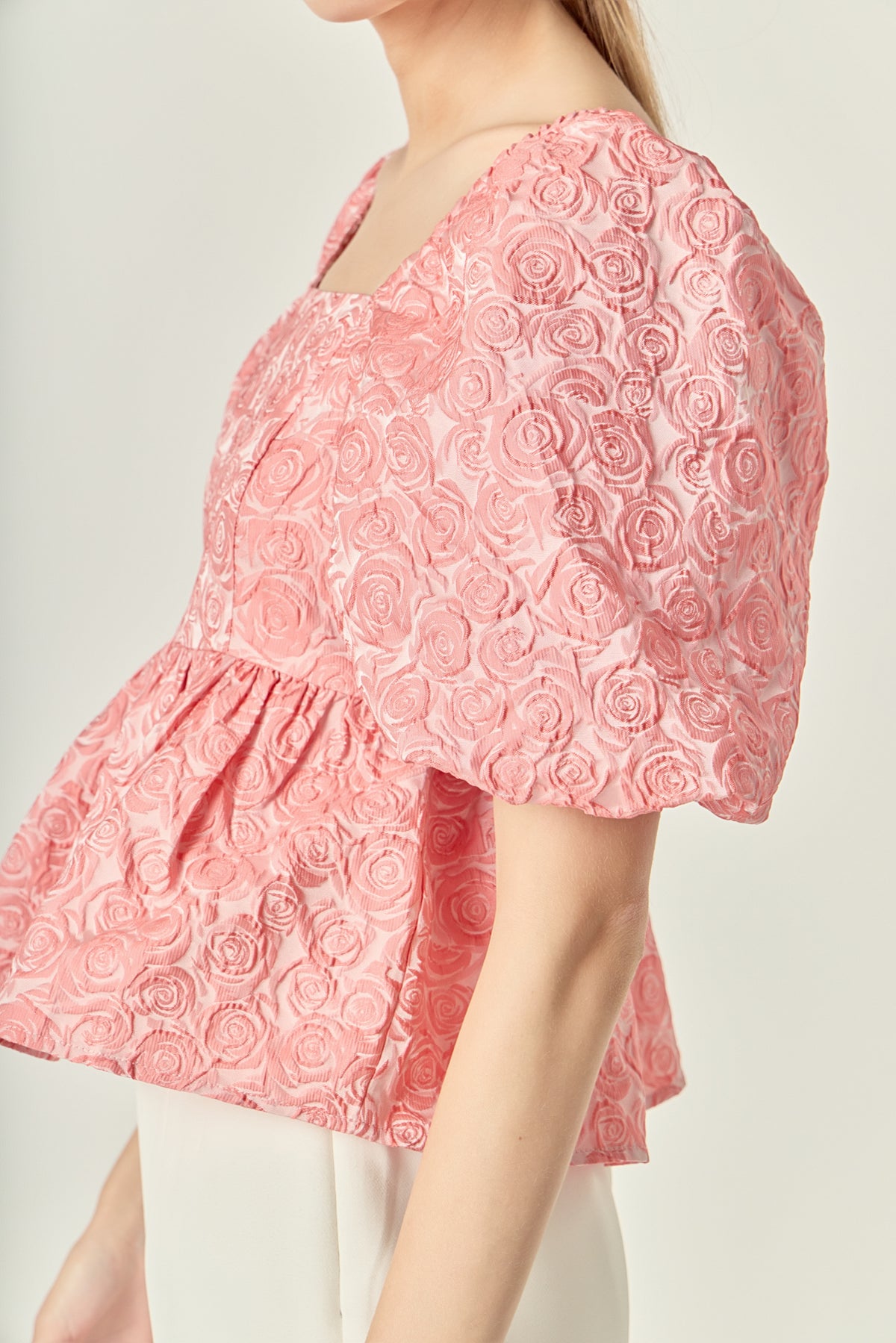 LA'VEN - Jacquard Puff Sleeve Open Back Top - TOPS available at Objectrare