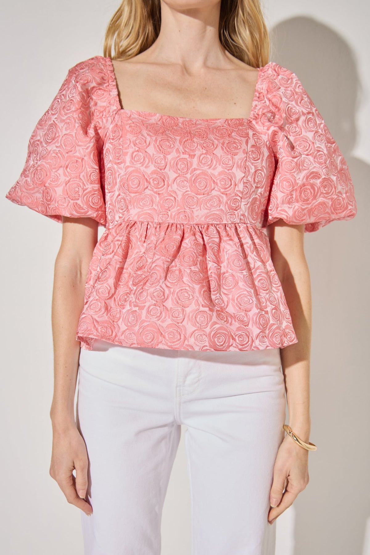 LA'VEN - Jacquard Puff Sleeve Open Back Top - TOPS available at Objectrare