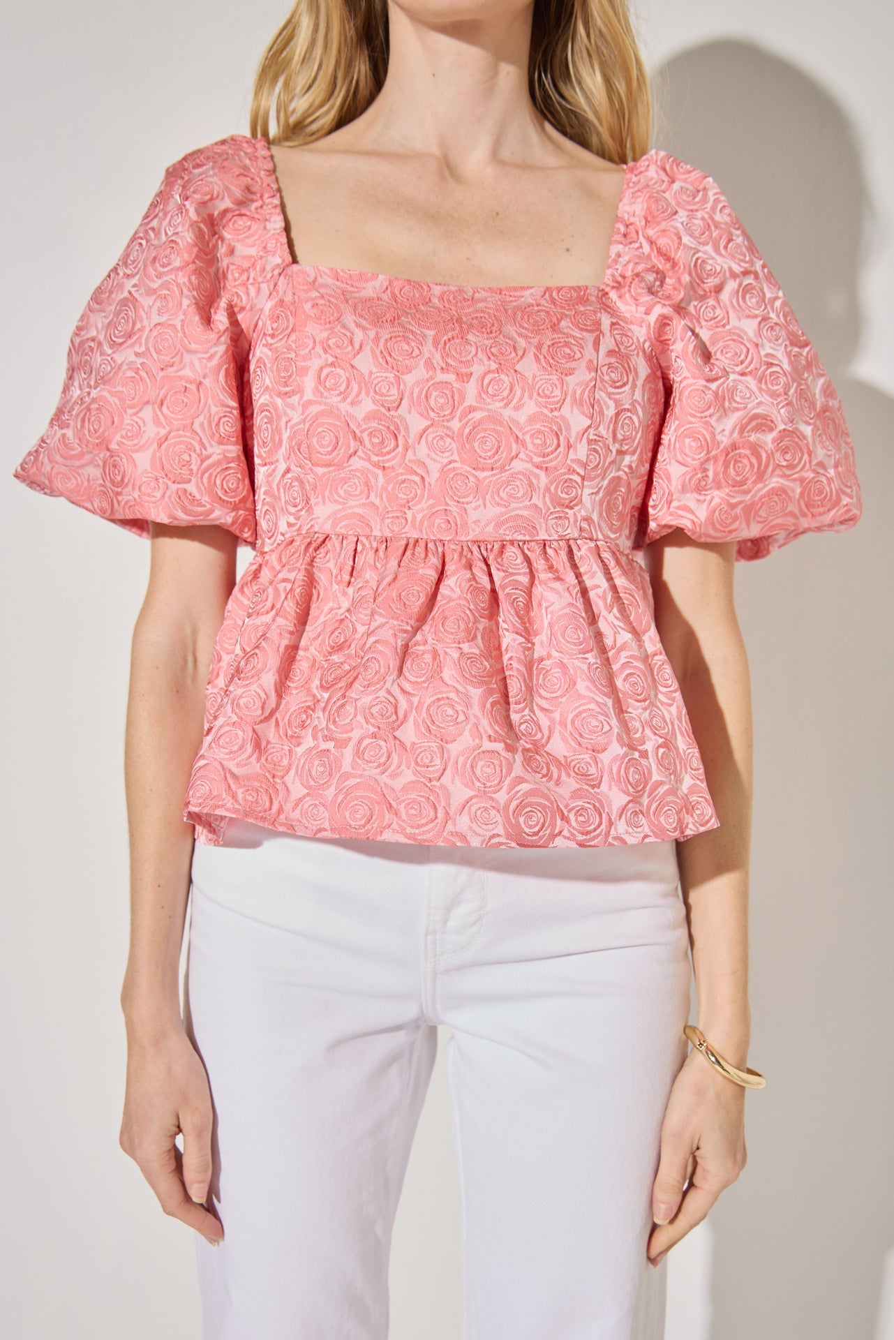 LA'VEN - Jacquard Puff Sleeve Open Back Top - TOPS available at Objectrare