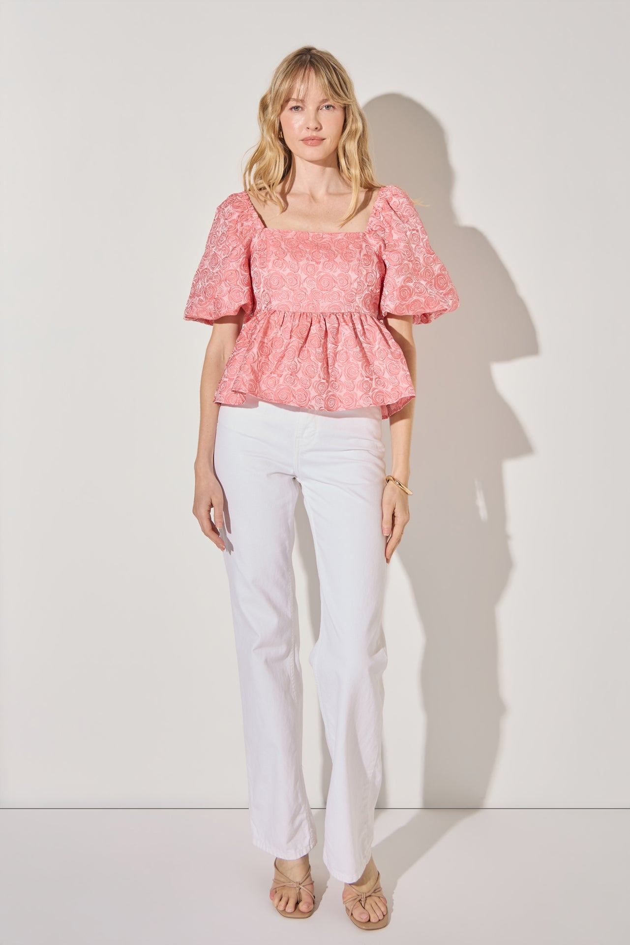 LA'VEN - Jacquard Puff Sleeve Open Back Top - TOPS available at Objectrare