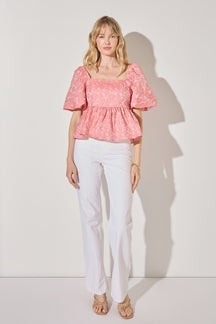 LA'VEN - Jacquard Puff Sleeve Open Back Top - TOPS available at Objectrare