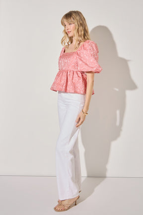 LA'VEN - Jacquard Puff Sleeve Open Back Top - TOPS available at Objectrare