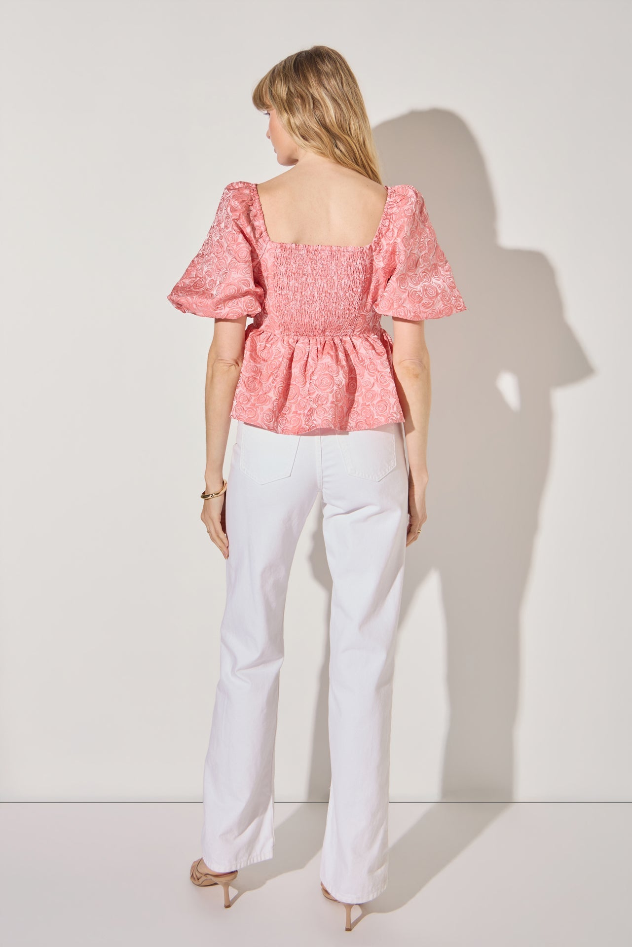 LA'VEN - Jacquard Puff Sleeve Open Back Top - TOPS available at Objectrare