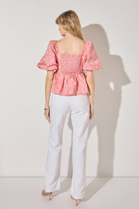 LA'VEN - Jacquard Puff Sleeve Open Back Top - TOPS available at Objectrare