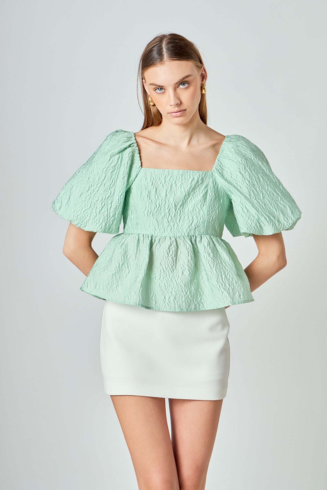 LA'VEN - Andrea Puff Shoulder Jacquard Open Back Top - TOPS available at Objectrare