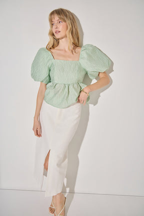 LA'VEN - Jacquard Puff Sleeve Open Back Top - TOPS available at Objectrare