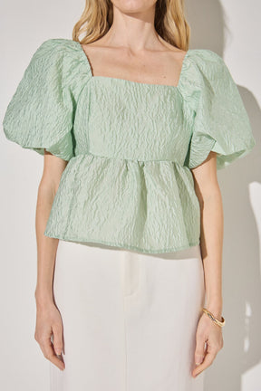 LA'VEN - Jacquard Puff Sleeve Open Back Top - TOPS available at Objectrare