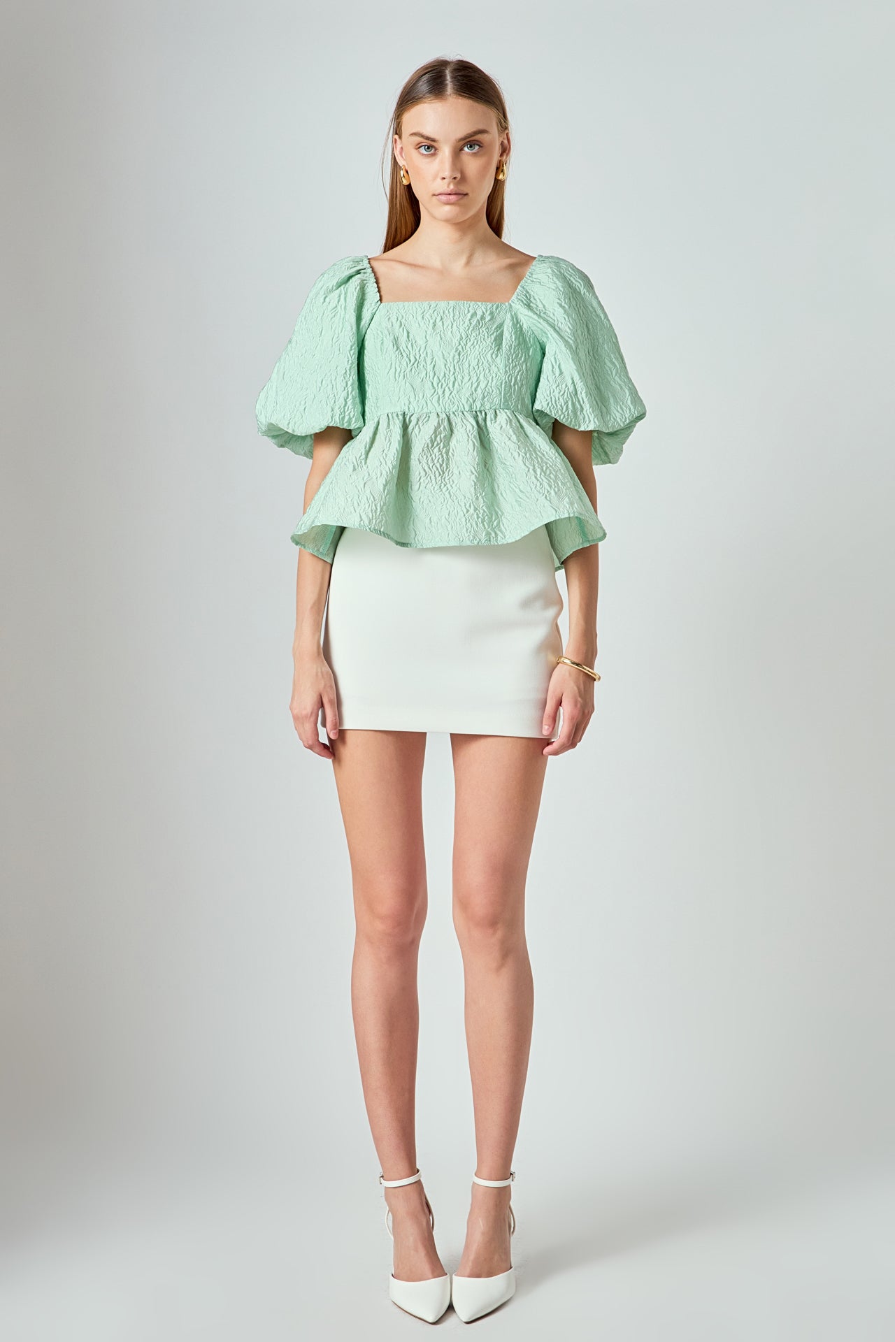 LA'VEN - Andrea Puff Shoulder Jacquard Open Back Top - TOPS available at Objectrare
