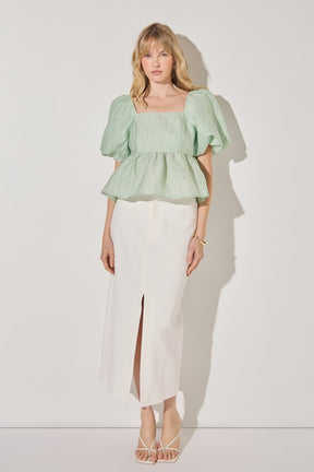 LA'VEN - Jacquard Puff Sleeve Open Back Top - TOPS available at Objectrare