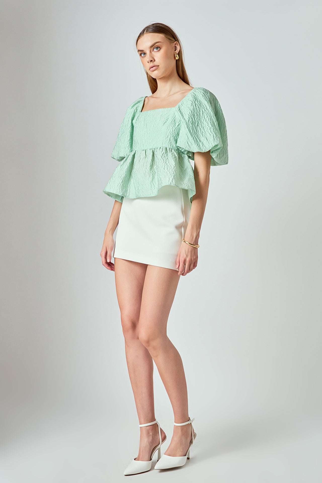 LA'VEN - Andrea Puff Shoulder Jacquard Open Back Top - TOPS available at Objectrare