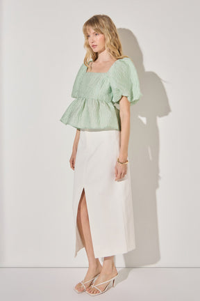 LA'VEN - Jacquard Puff Sleeve Open Back Top - TOPS available at Objectrare
