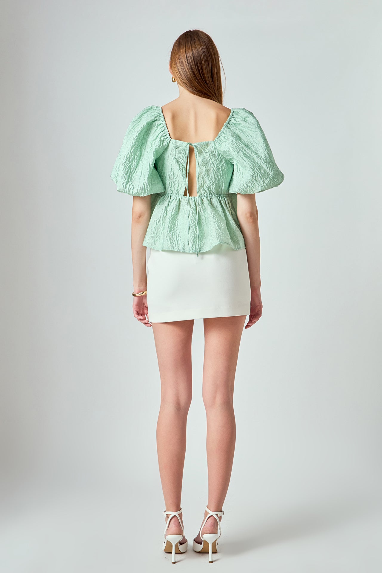 LA'VEN - Andrea Puff Shoulder Jacquard Open Back Top - TOPS available at Objectrare