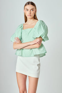 LA'VEN - Andrea Puff Shoulder Jacquard Open Back Top - TOPS available at Objectrare