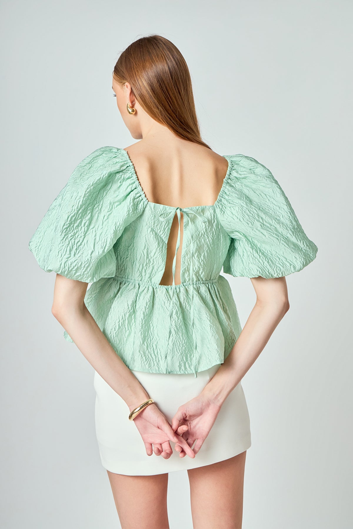 LA'VEN - Andrea Puff Shoulder Jacquard Open Back Top - TOPS available at Objectrare
