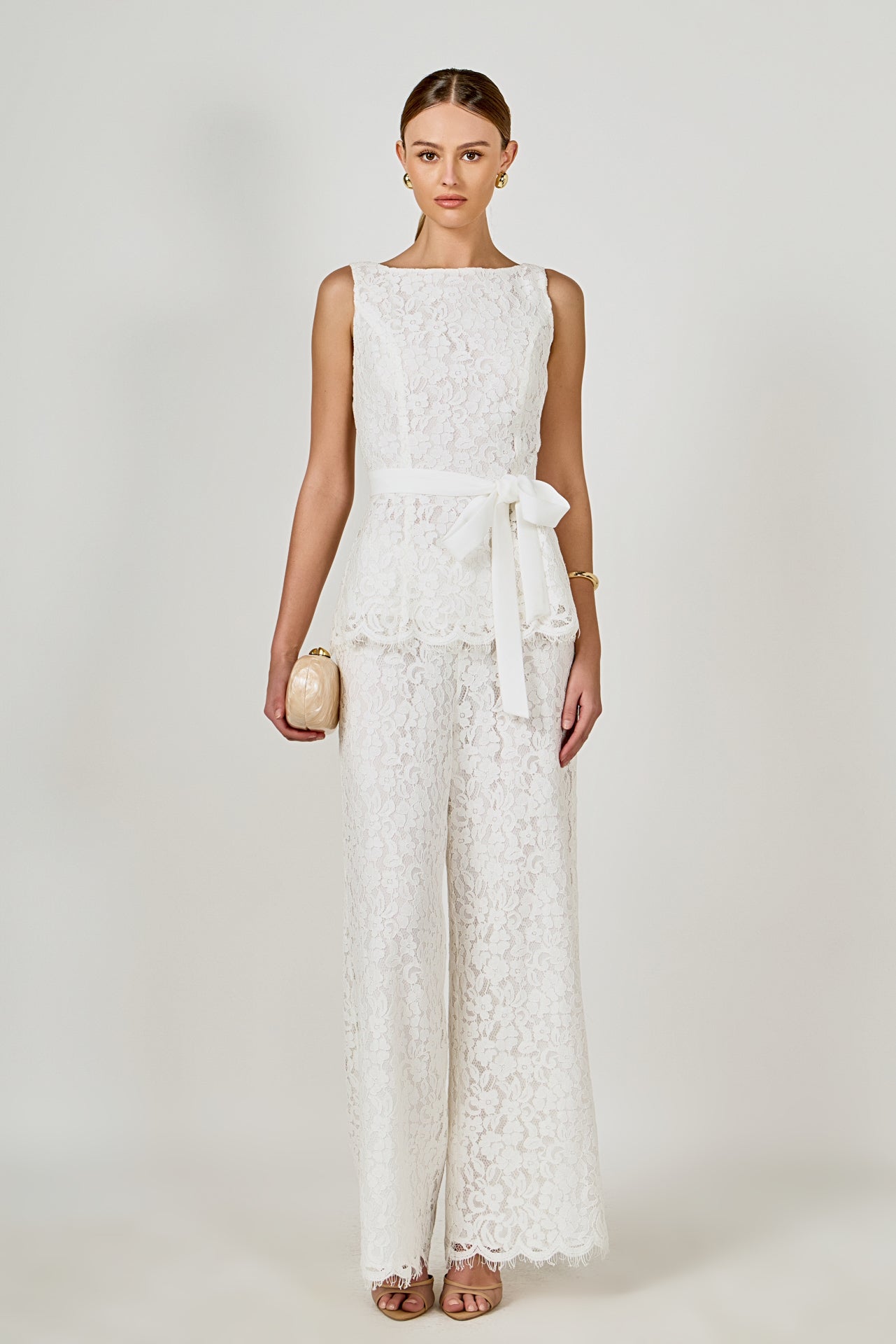Lace Sleeveless Long Top With Belt