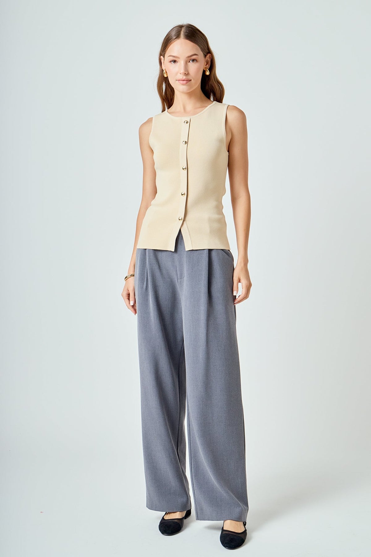 ENDLESS ROSE - Knit Buttoned Sleeveless Top - TOPS available at Objectrare