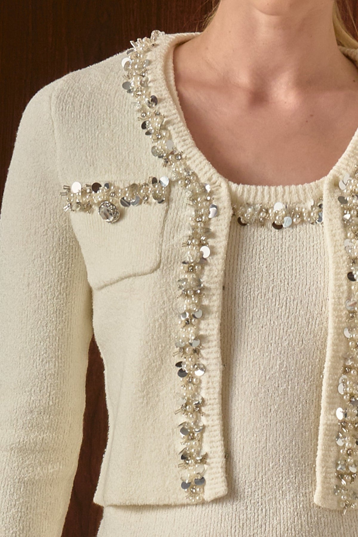 Boucle Knit Jewel Trim Cardigan