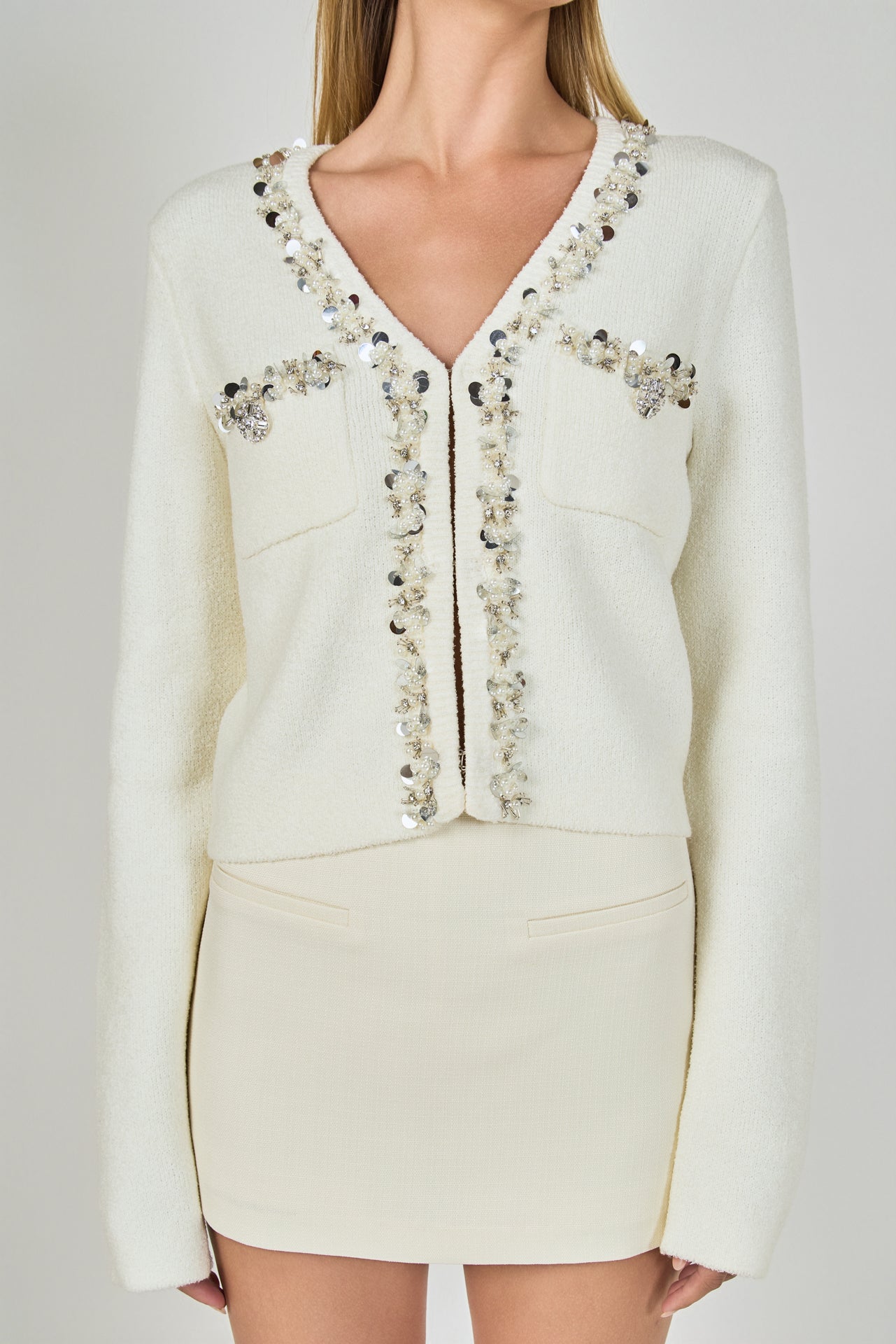 Boucle Knit Jewel Trim Cardigan