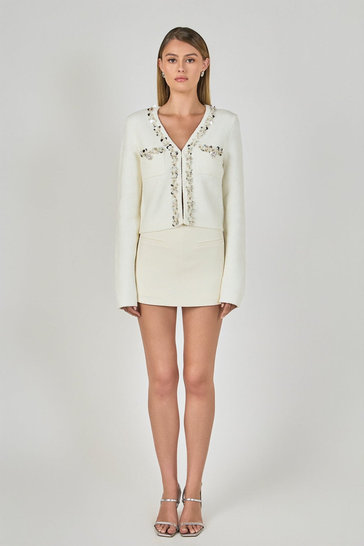 ENDLESS ROSE - Boucle Knit Jewel Trim Cardigan - SWEATERS & KNITS available at Objectrare