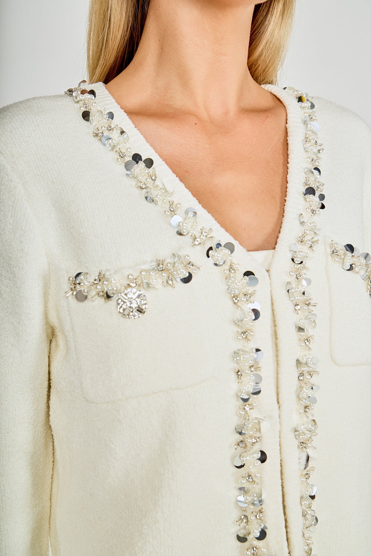 ENDLESS ROSE - Boucle Knit Jewel Trim Cardigan - SWEATERS & KNITS available at Objectrare