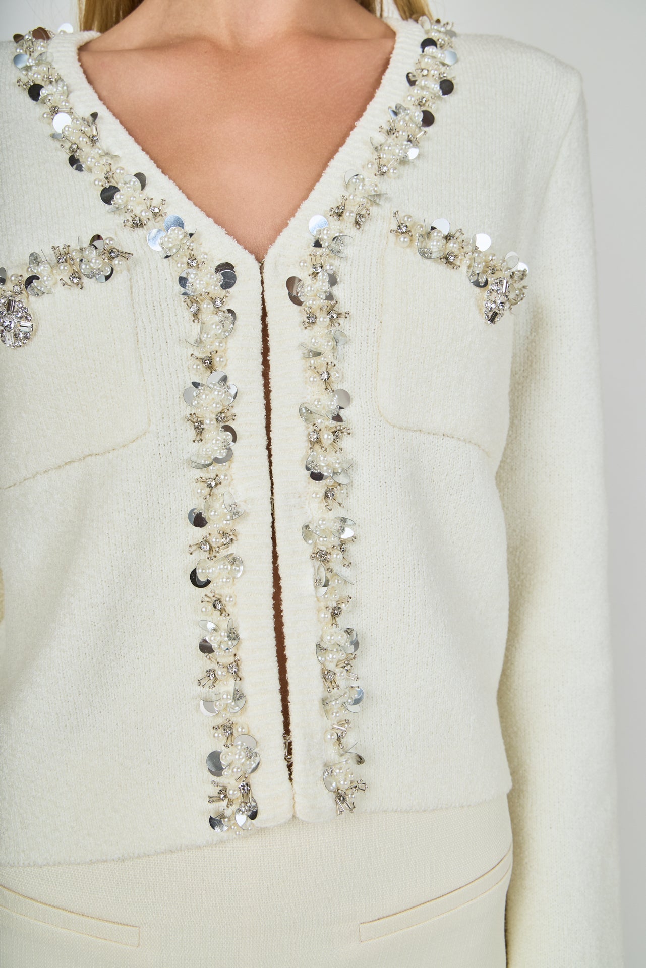 Boucle Knit Jewel Trim Cardigan