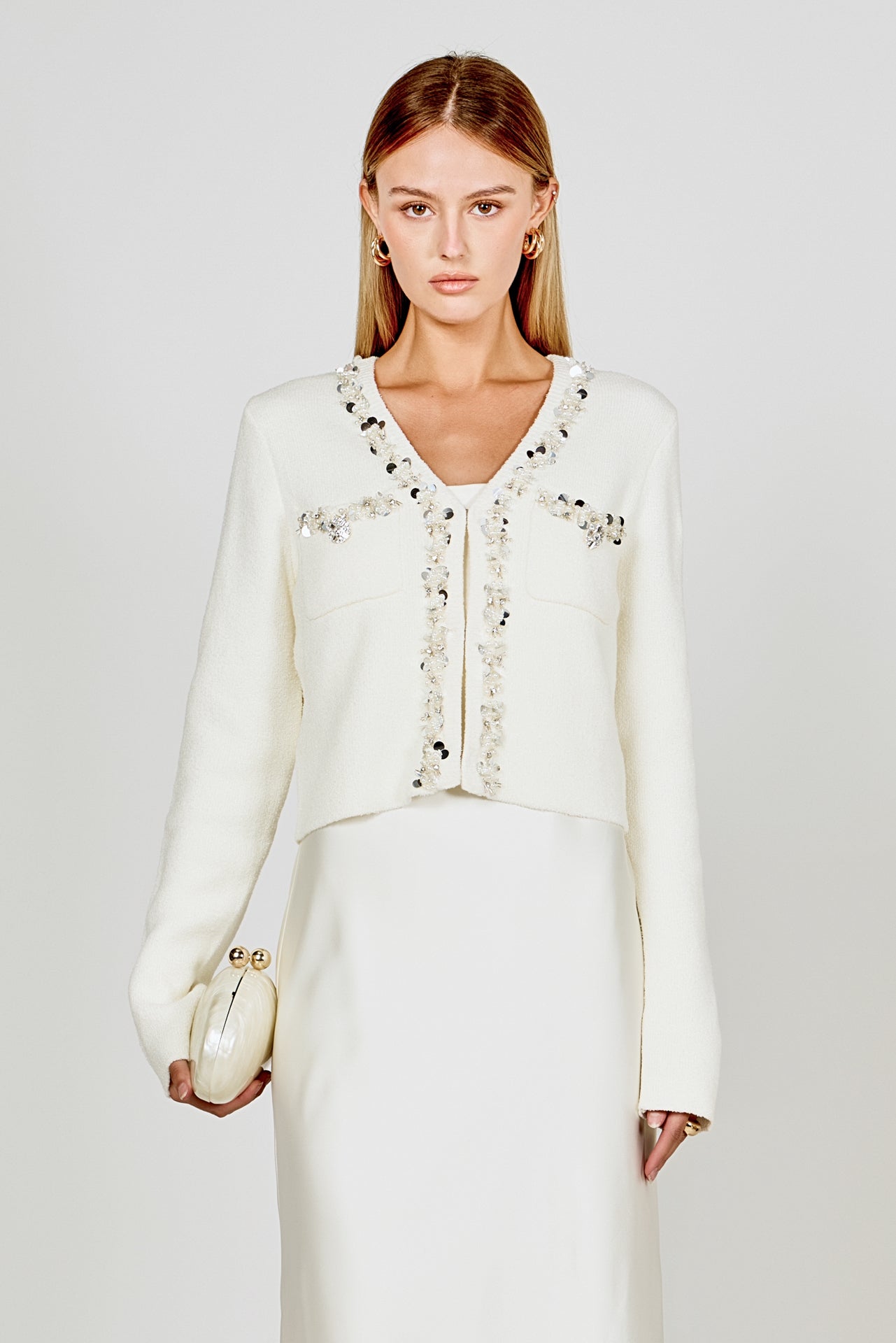 ENDLESS ROSE - Boucle Knit Jewel Trim Cardigan - SWEATERS & KNITS available at Objectrare