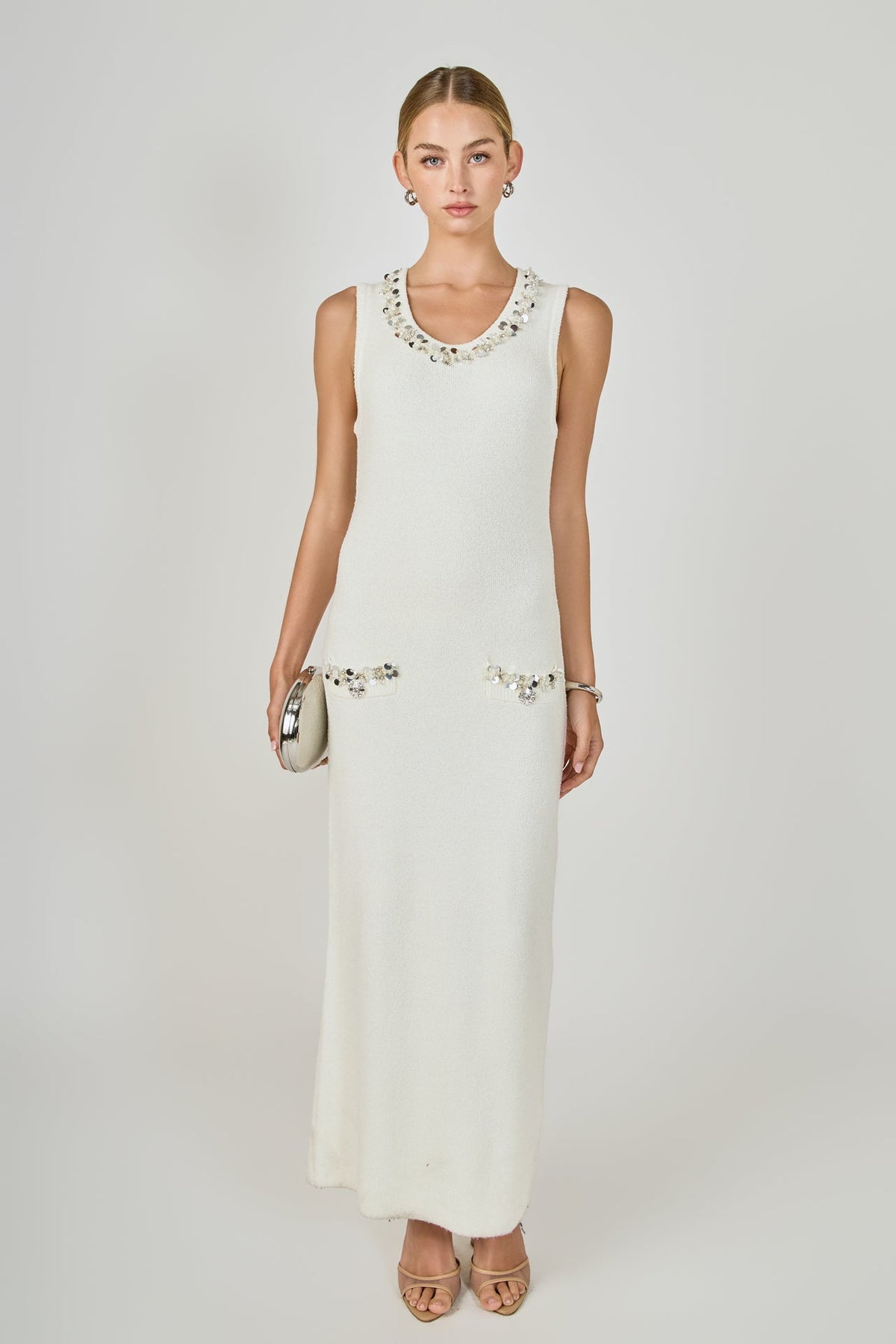 ENDLESS ROSE - Boucle Knit Jewel Trim Midi Dress - DRESSES available at Objectrare