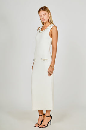 Boucle Knit Jewel Trim Midi Dress