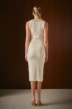 Boucle Knit Jewel Trim Midi Dress