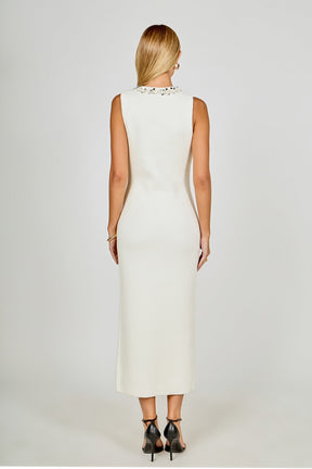 Boucle Knit Jewel Trim Midi Dress
