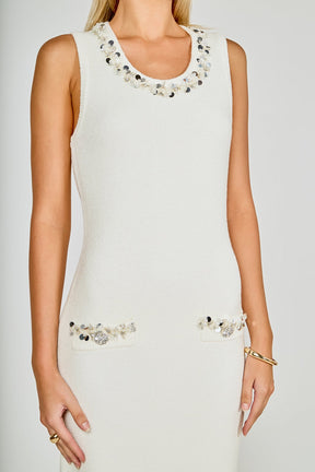 Boucle Knit Jewel Trim Midi Dress