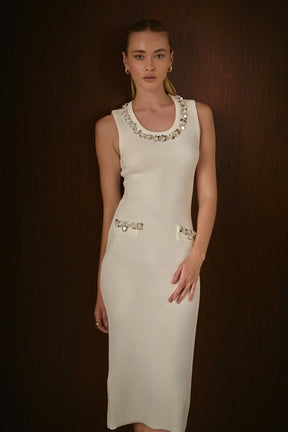 Boucle Knit Jewel Trim Midi Dress