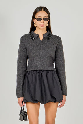 ENDLESS ROSE - Knit Jewel Trim Collared Sweater - SWEATERS & KNITS available at Objectrare